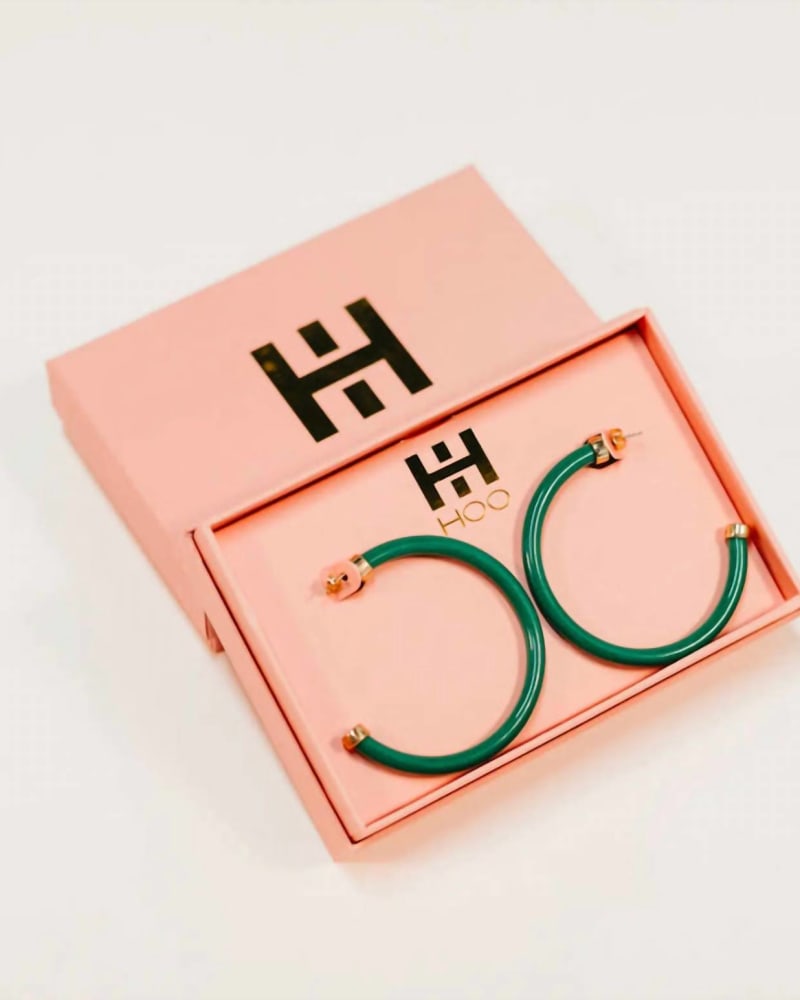 Front of a size O/S Hoop Earrings in Kelly Green in Kelly Green by Hoo Hoops. | dia_product_style_image_id:329916